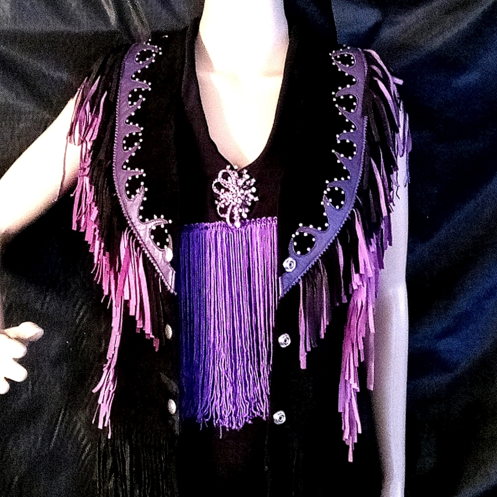 Freedom Brand 100% Leather Women's Vest W/ Fringe Size 6 NWOT Blk/purple